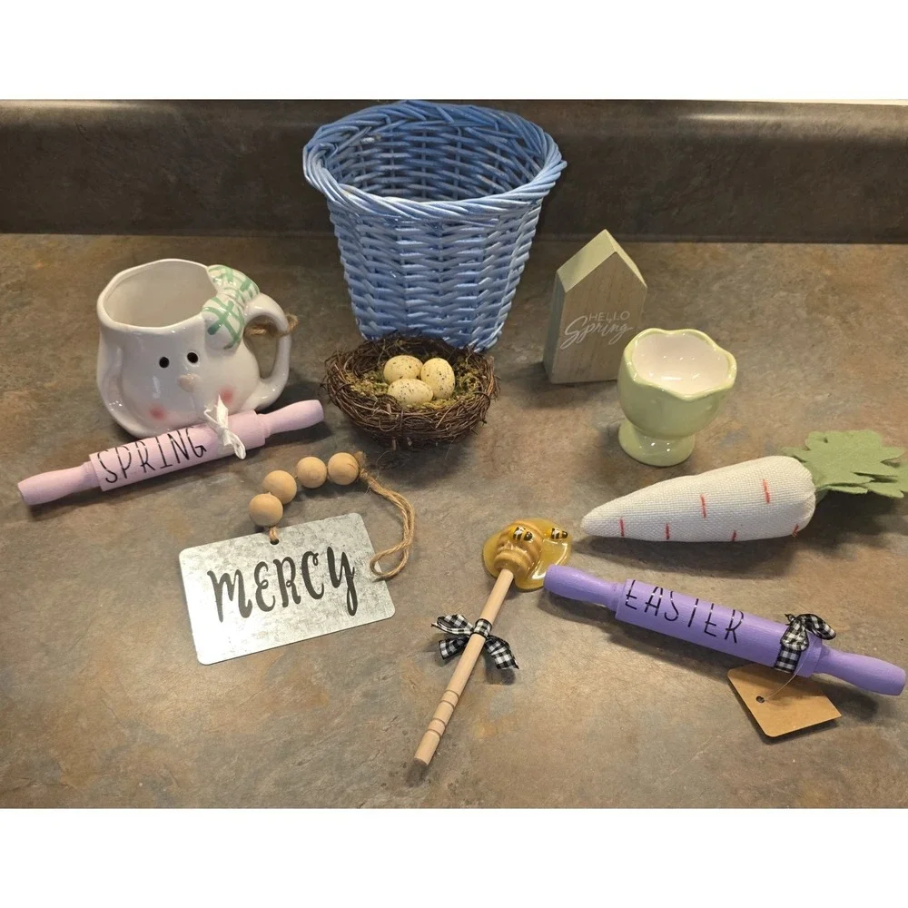 Lot of Mixed Easter Spring Decorations Tiered Tray Decor Basket Eggs